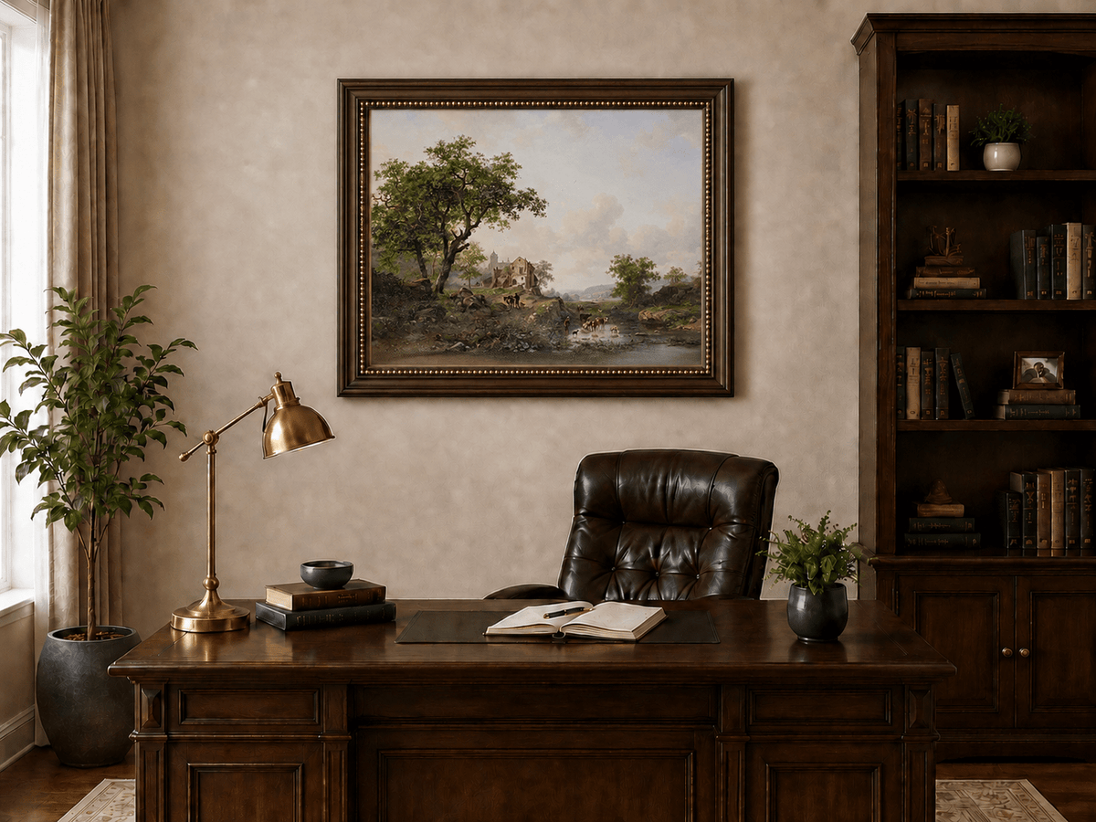 Landscape Oil Painting - Rural Stream, Livestock & Towered