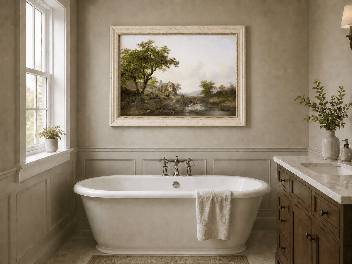 Landscape Oil Painting - Rural Stream, Livestock & Towered
