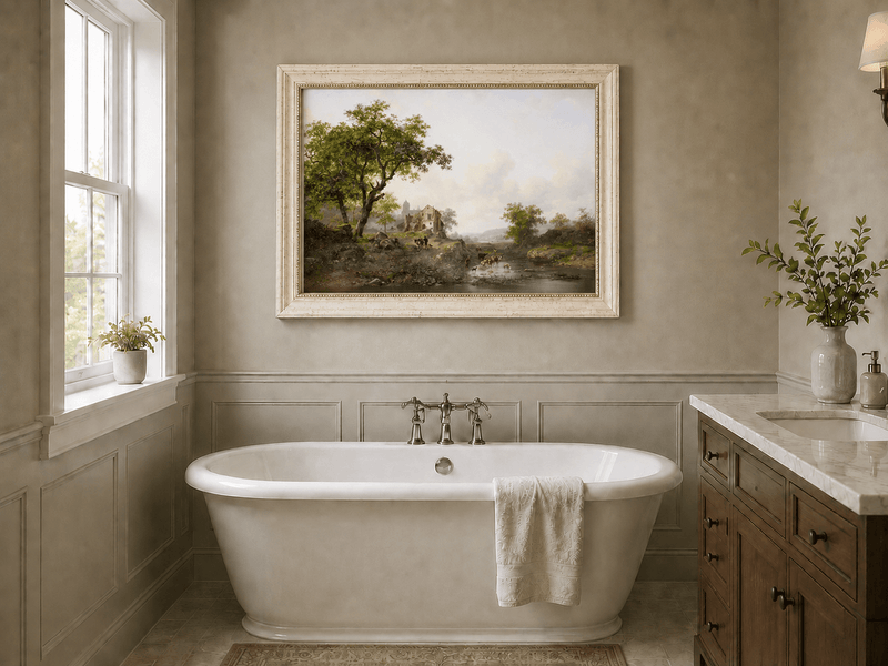 Landscape Oil Painting - Rural Stream, Livestock & Towered