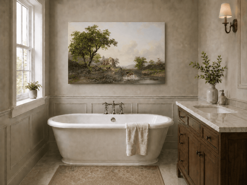 Landscape Oil Painting - Rural Stream, Livestock & Towered
