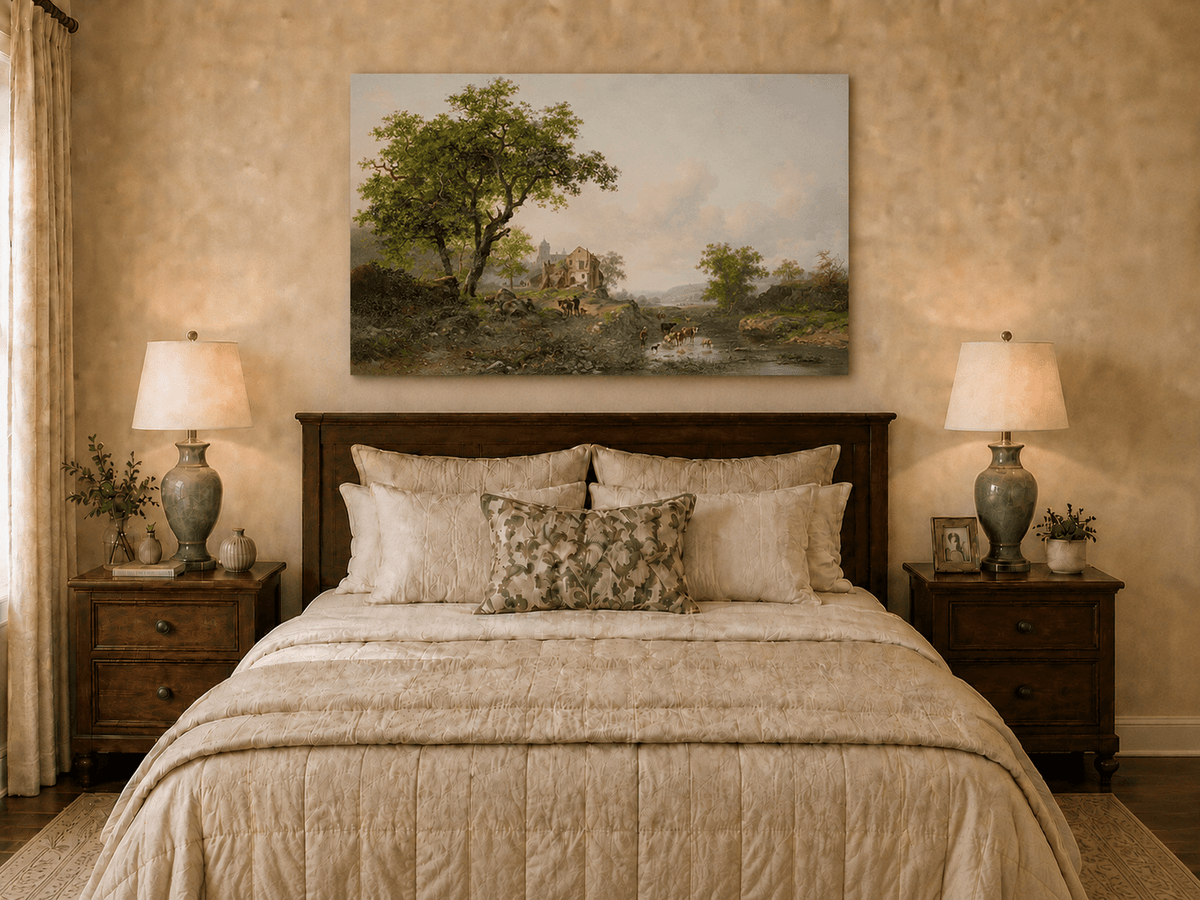 Landscape Oil Painting - Rural Stream, Livestock & Towered