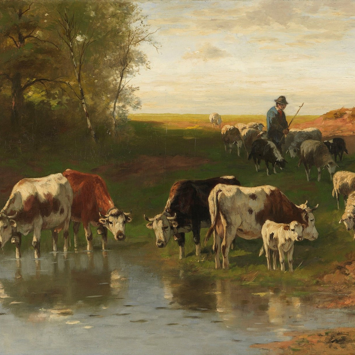 Landscape Oil Painting - Rural Stream Pasture, Cattle, Sheep & Shepherd - Oil Painting Haven