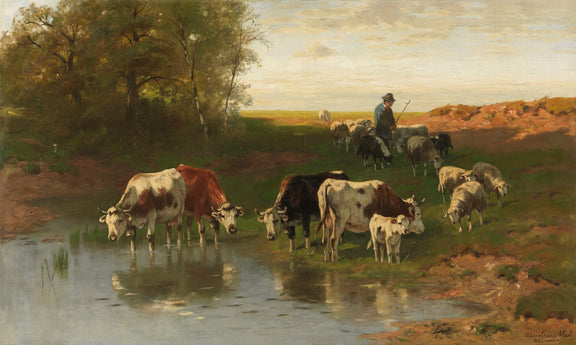 Landscape Oil Painting - Rural Stream Pasture, Cattle, Sheep & Shepherd - Oil Painting Haven