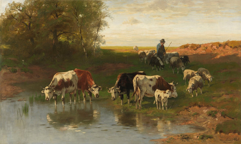 Landscape Oil Painting - Rural Stream Pasture, Cattle, Sheep & Shepherd - Oil Painting Haven