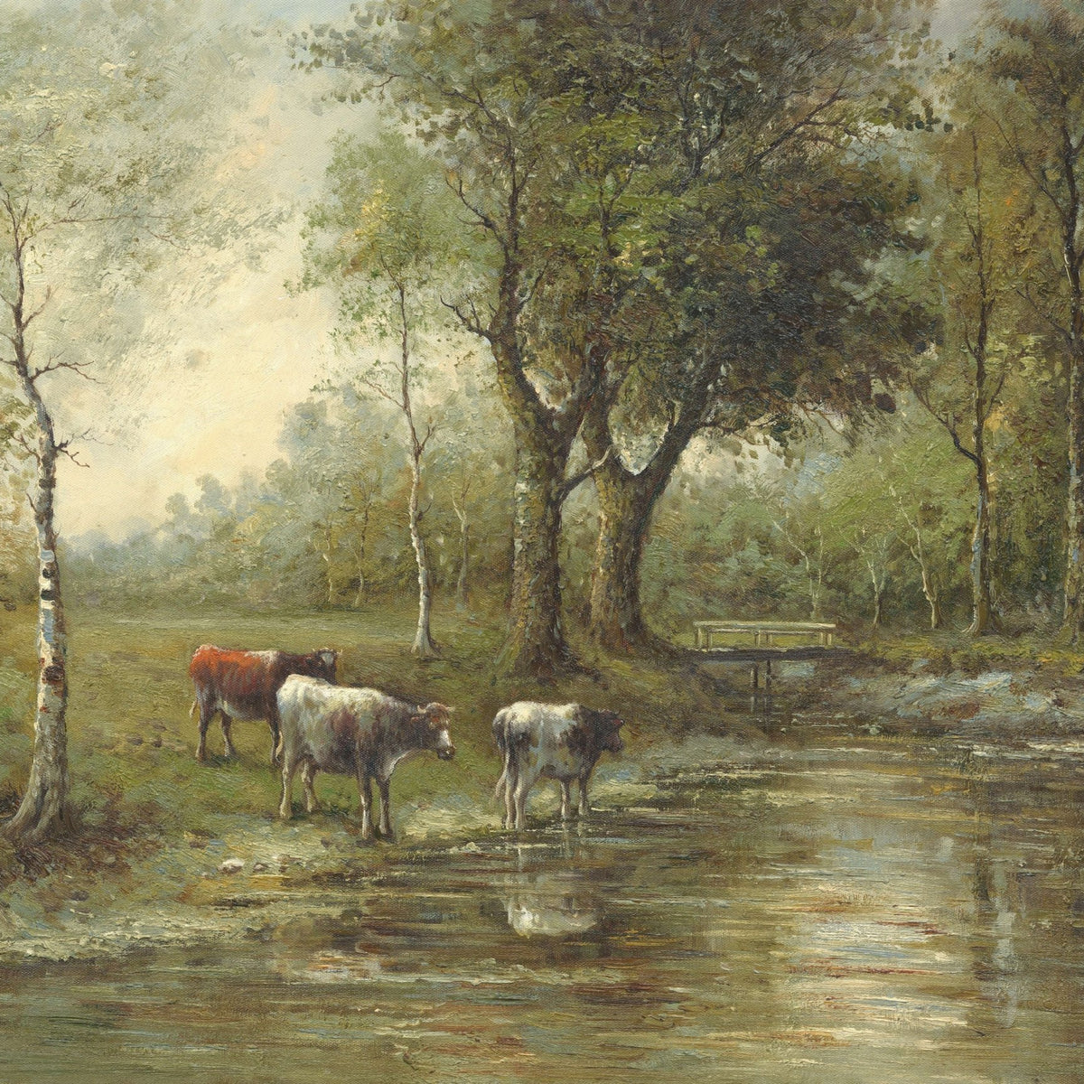 Landscape Oil Painting - Rural Stream Scene with Cows, Trees & Bridge - Oil Painting Haven