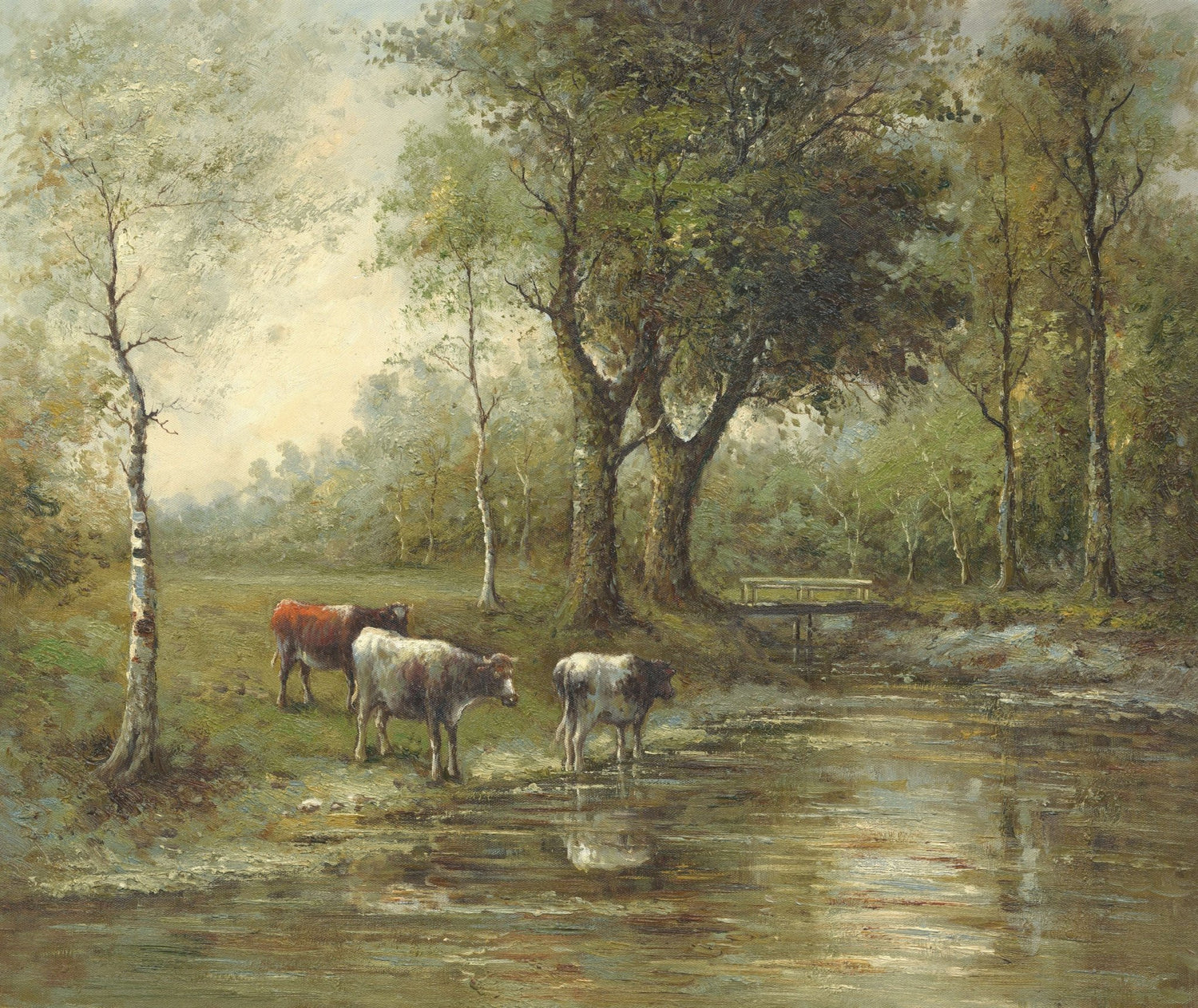 Landscape Oil Painting - Rural Stream Scene with Cows, Trees & Bridge - Oil Painting Haven