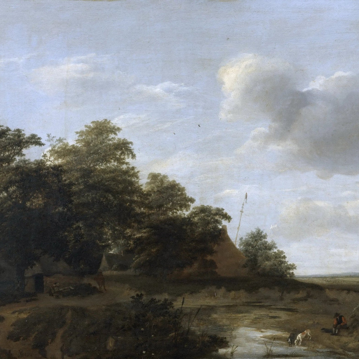 Landscape Oil Painting - Rural Stream Scene with Figures and Cottages - Oil Painting Haven