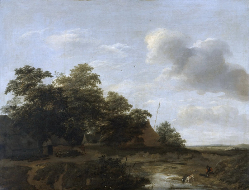 Landscape Oil Painting - Rural Stream Scene with Figures and Cottages - Oil Painting Haven