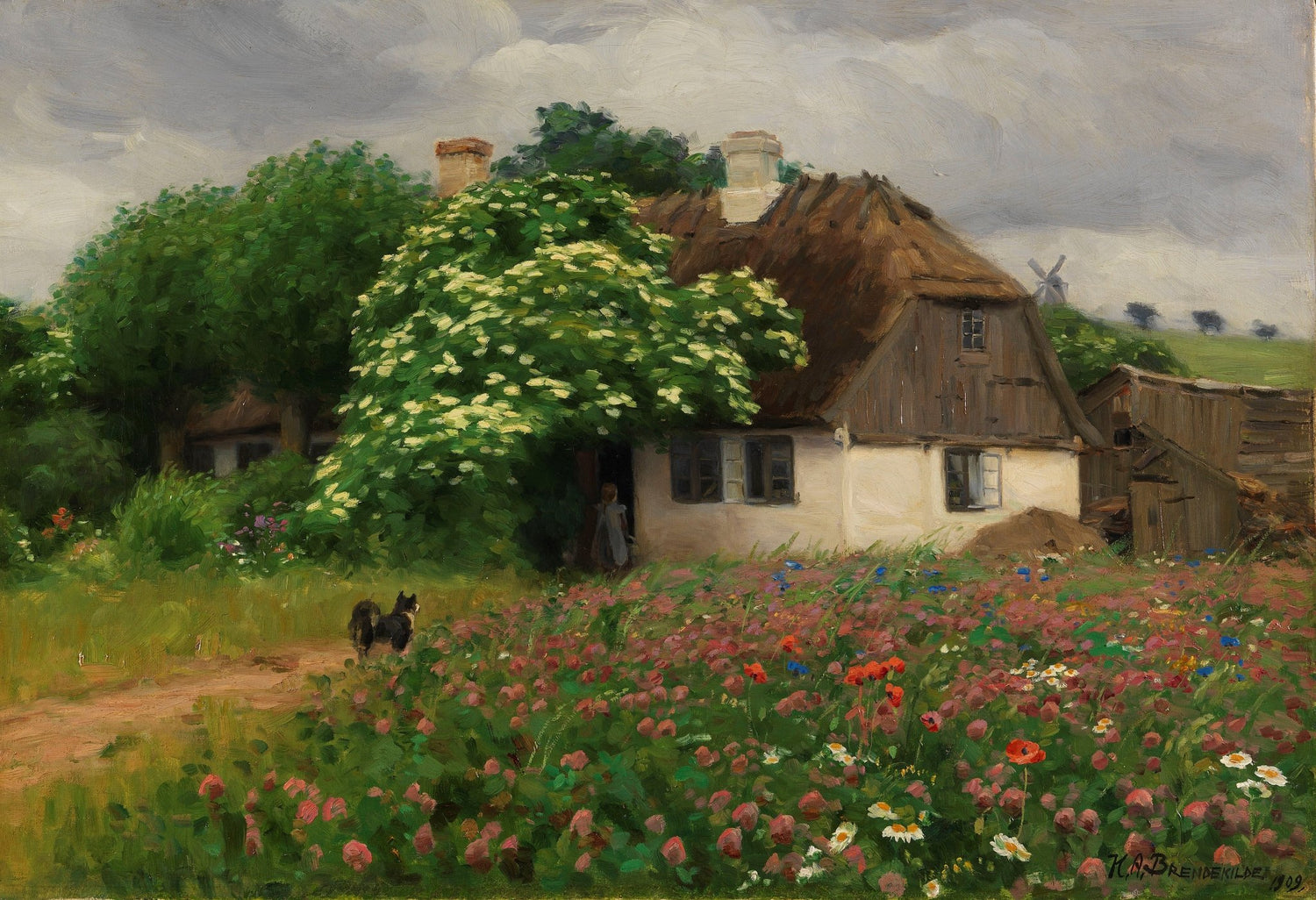 Landscape Oil Painting - Rural Thatch Cottage Flower Garden, Blossoms - Oil Painting Haven