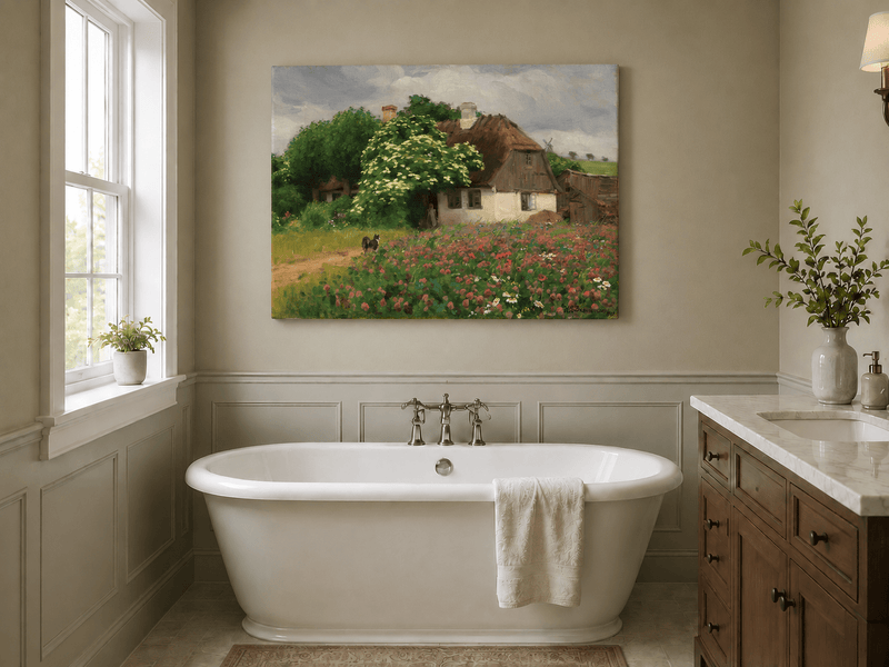 Landscape Oil Painting - Rural Thatch Cottage Flower Garden