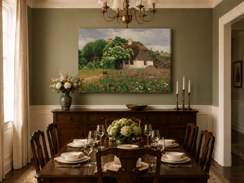 Landscape Oil Painting - Rural Thatch Cottage Flower Garden