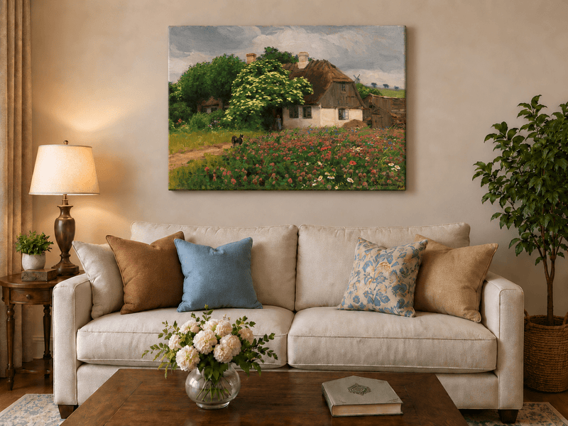 Landscape Oil Painting - Rural Thatch Cottage Flower Garden