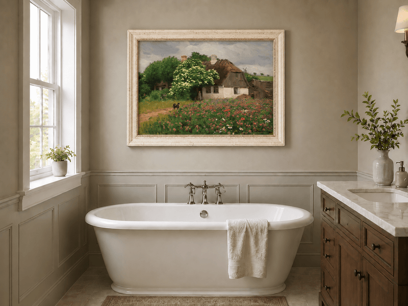 Landscape Oil Painting - Rural Thatch Cottage Flower Garden