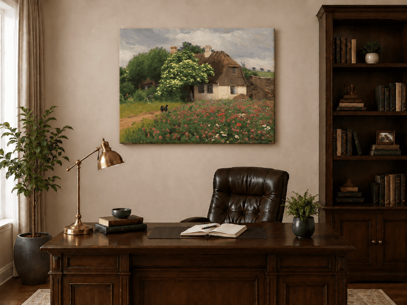 Landscape Oil Painting - Rural Thatch Cottage Flower Garden