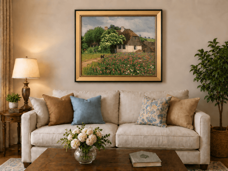 Landscape Oil Painting - Rural Thatch Cottage Flower Garden