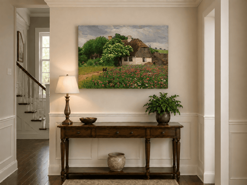 Landscape Oil Painting - Rural Thatch Cottage Flower Garden
