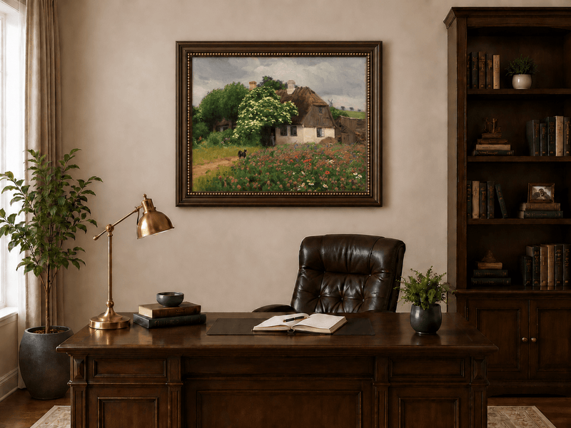 Landscape Oil Painting - Rural Thatch Cottage Flower Garden