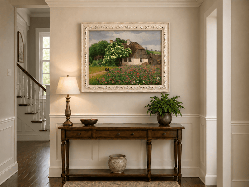 Landscape Oil Painting - Rural Thatch Cottage Flower Garden