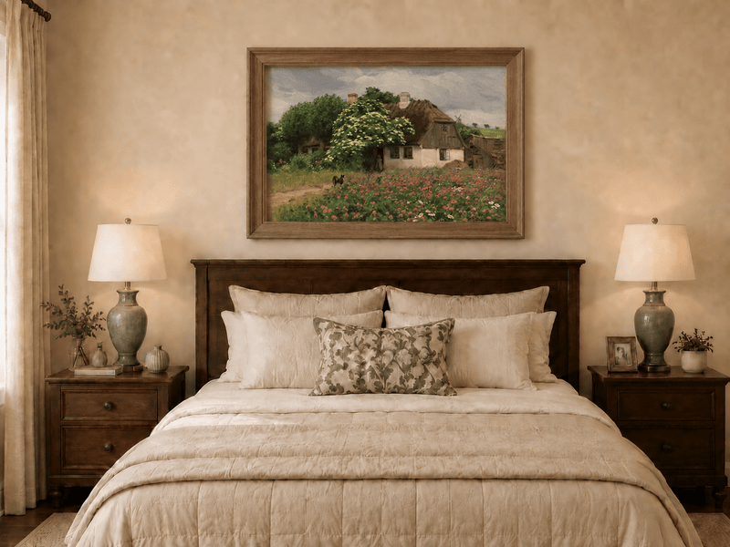 Landscape Oil Painting - Rural Thatch Cottage Flower Garden