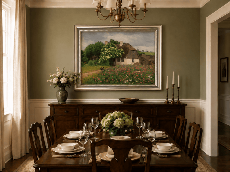 Landscape Oil Painting - Rural Thatch Cottage Flower Garden