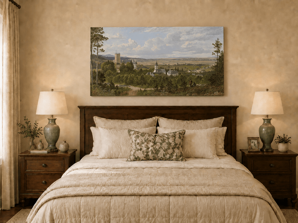 Landscape Oil Painting - Rural, Tower, Village & Figures on Path