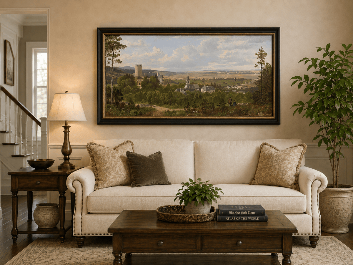 Landscape Oil Painting - Rural, Tower, Village & Figures on Path