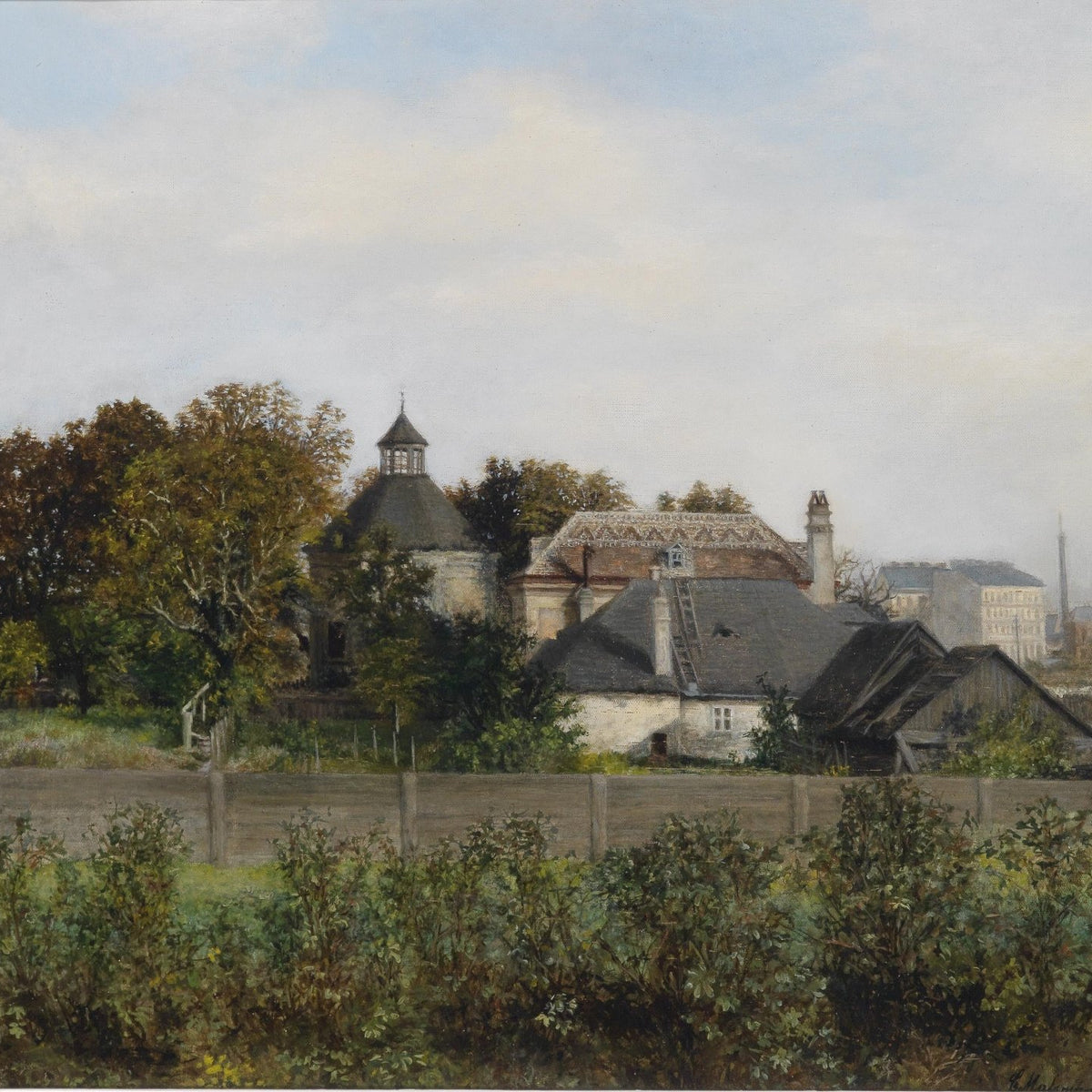 Landscape Oil Painting - Rural - Urban, Dome Building, Cottages & Fence - Oil Painting Haven