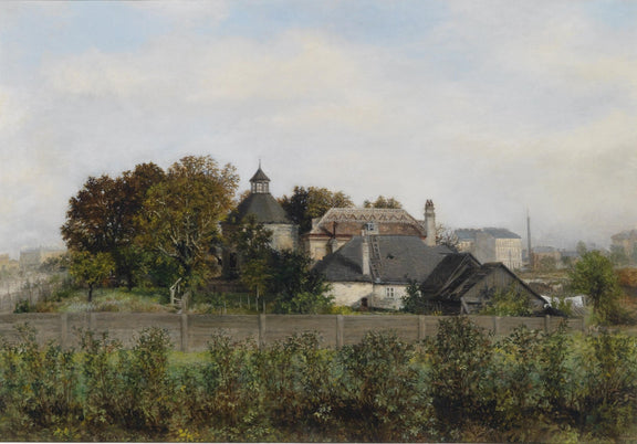 Landscape Oil Painting - Rural - Urban, Dome Building, Cottages & Fence - Oil Painting Haven