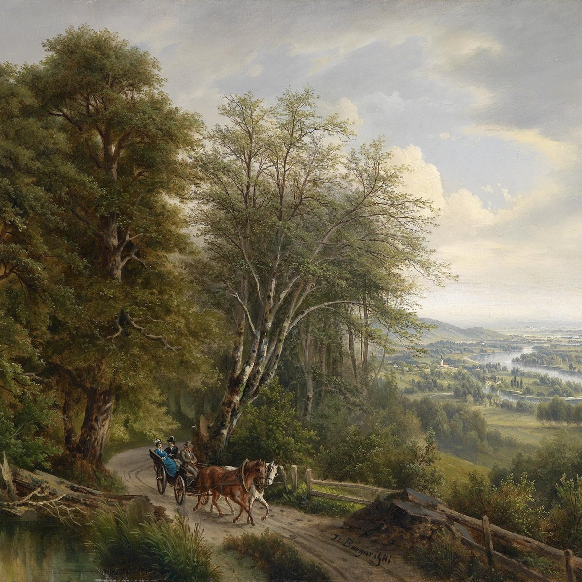 Landscape Oil Painting - Rural Valley, Horse - Drawn Carriage & River - Oil Painting Haven