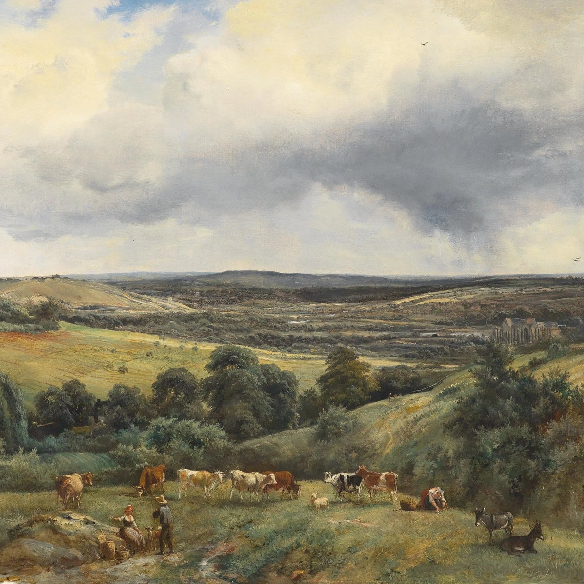 Landscape Oil Painting - Rural Valley with Cattle & Figures - Oil Painting Haven