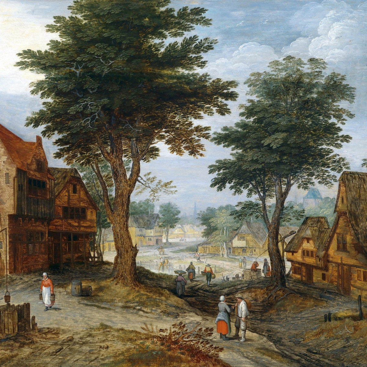 Landscape Oil Painting - Rural Village & Buildings, Figures, Large Trees - Oil Painting Haven