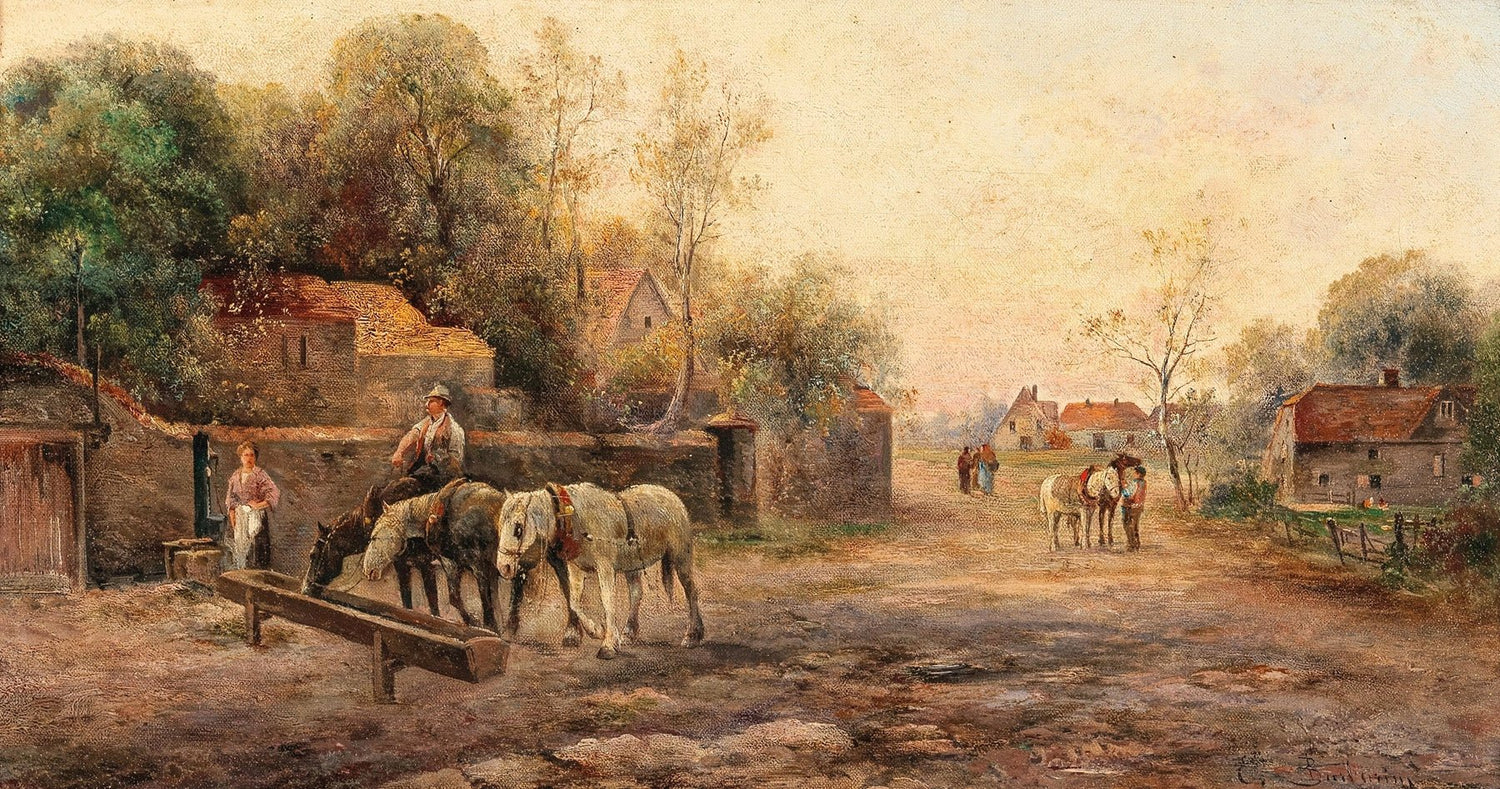 Landscape Oil Painting - Rural Village Lane, Horses, Cottages & Figures - Oil Painting Haven