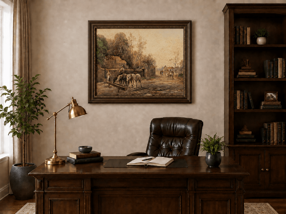 Rural village lane with horses, cottages and figures landscape oil painting in an interior wall art mockup.