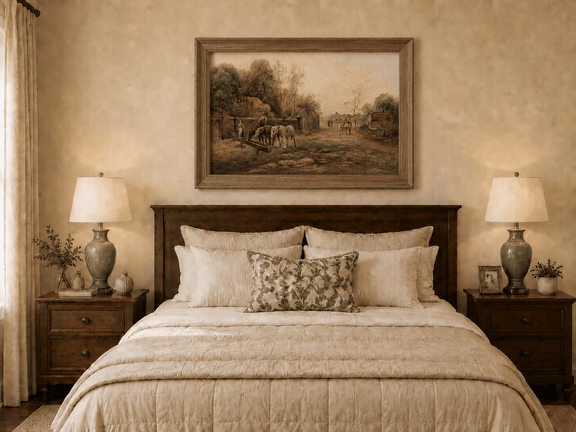 Hand-painted rural village lane with horses and cottages artwork displayed as decorative wall art.