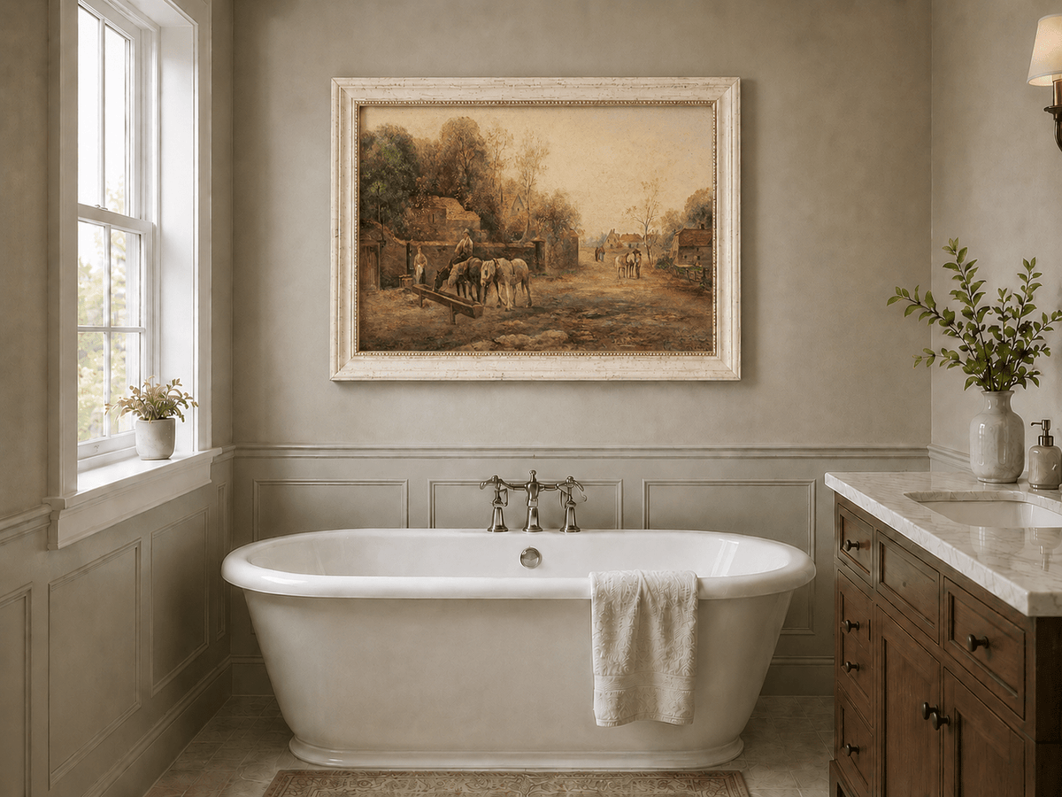 Rural village lane with horses, cottages and figures landscape oil painting presented as interior home decor.