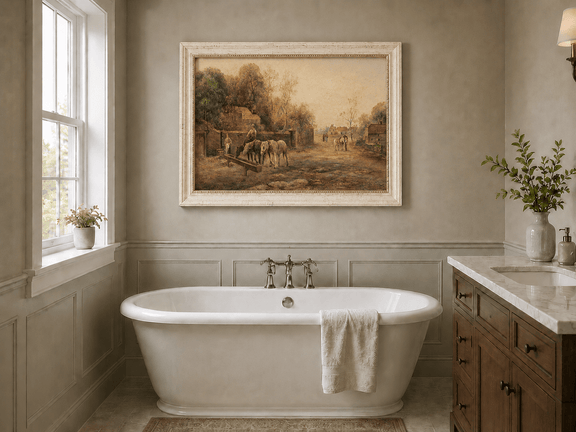 Rural village lane with horses, cottages and figures landscape oil painting presented as interior home decor.
