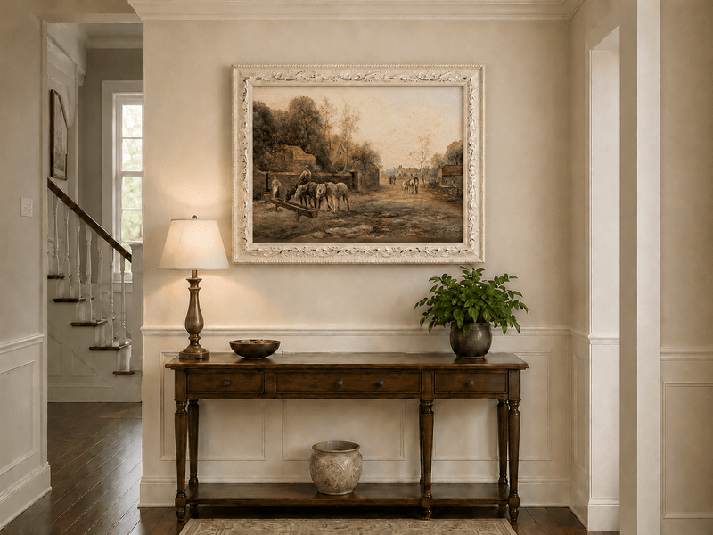 Rural village lane with horses, cottages and figures hand-painted oil artwork shown as home wall decor.