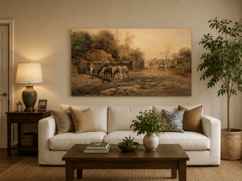 Rural village lane with horses, cottages and figures hand-painted oil artwork displayed in a second interior view.