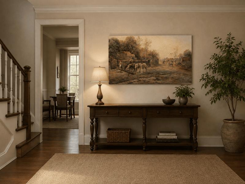 Rural village lane with horses and cottages landscape painting shown as decorative oil wall art.