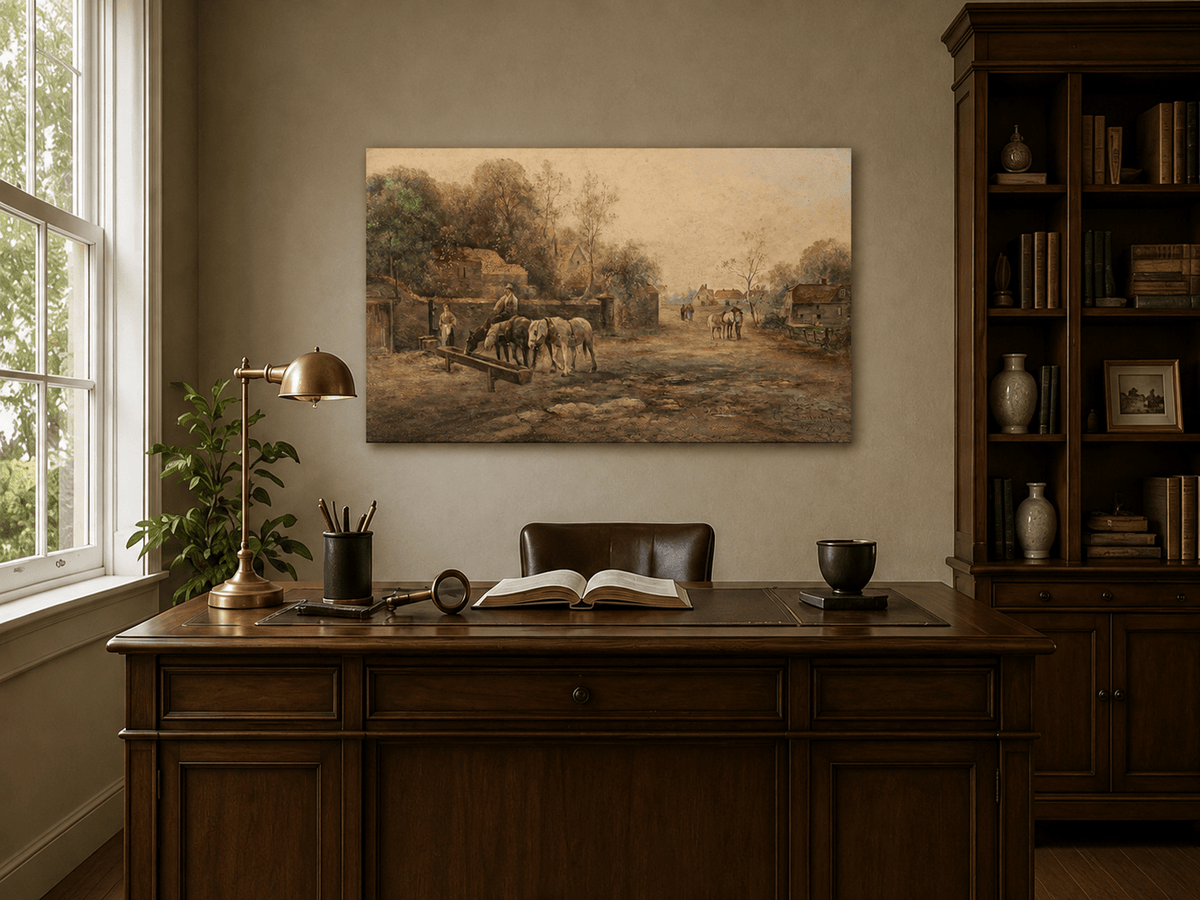 Interior wall art view featuring a rural village lane with horses, cottages and figures oil painting.