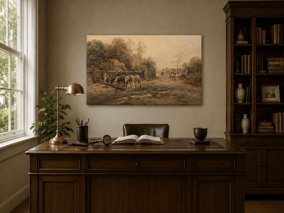 Interior wall art view featuring a rural village lane with horses, cottages and figures oil painting.