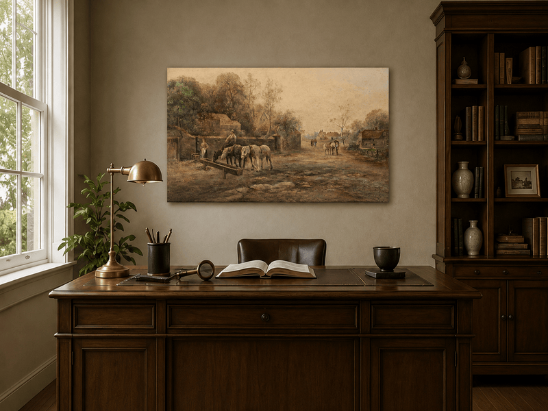 Interior wall art view featuring a rural village lane with horses, cottages and figures oil painting.
