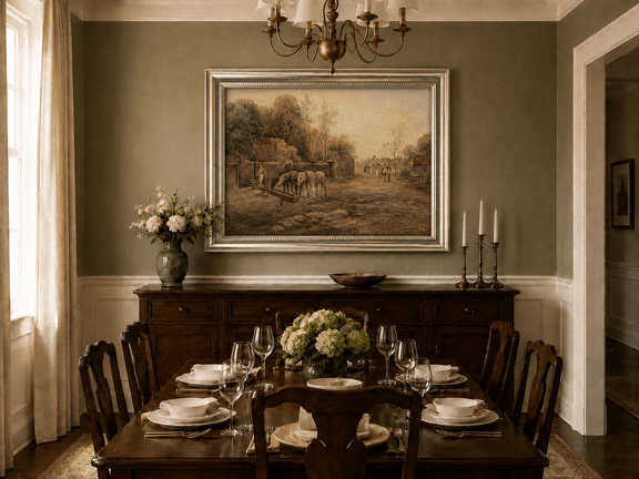 Rural village lane with horses, cottages and figures oil landscape artwork shown in a styled home interior.