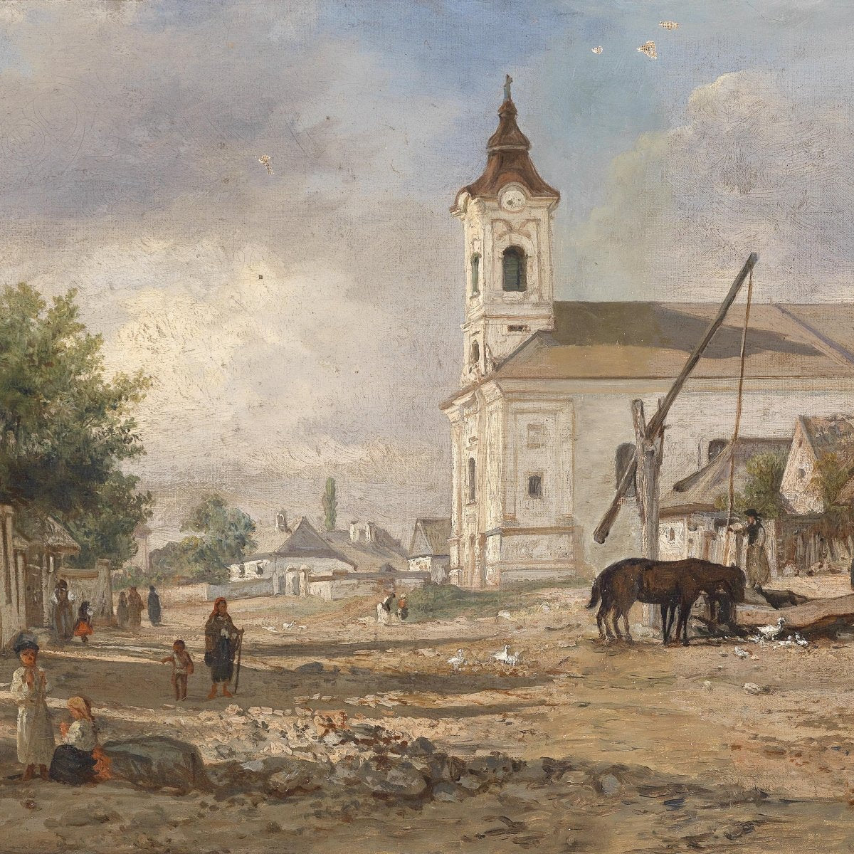 Landscape Oil Painting - Rural Village Square: Church & Horse Well Scene - Oil Painting Haven