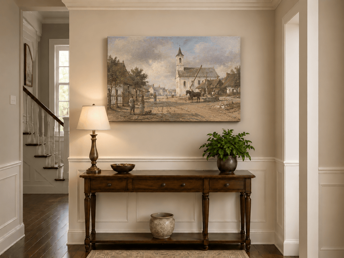 Pintura al óleo de paisaje - Plaza de pueblo rural