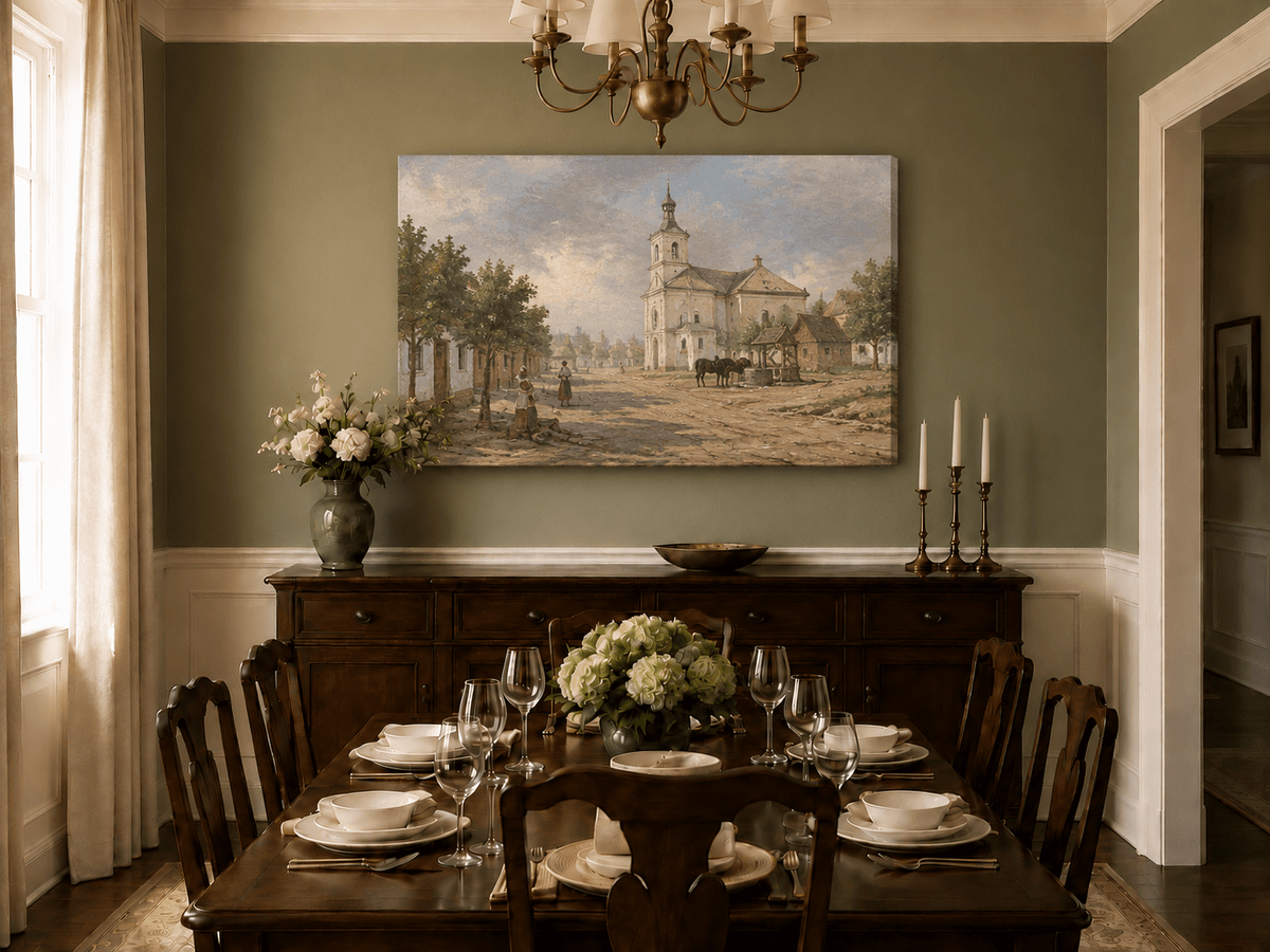 Pintura al óleo de paisaje - Plaza de pueblo rural