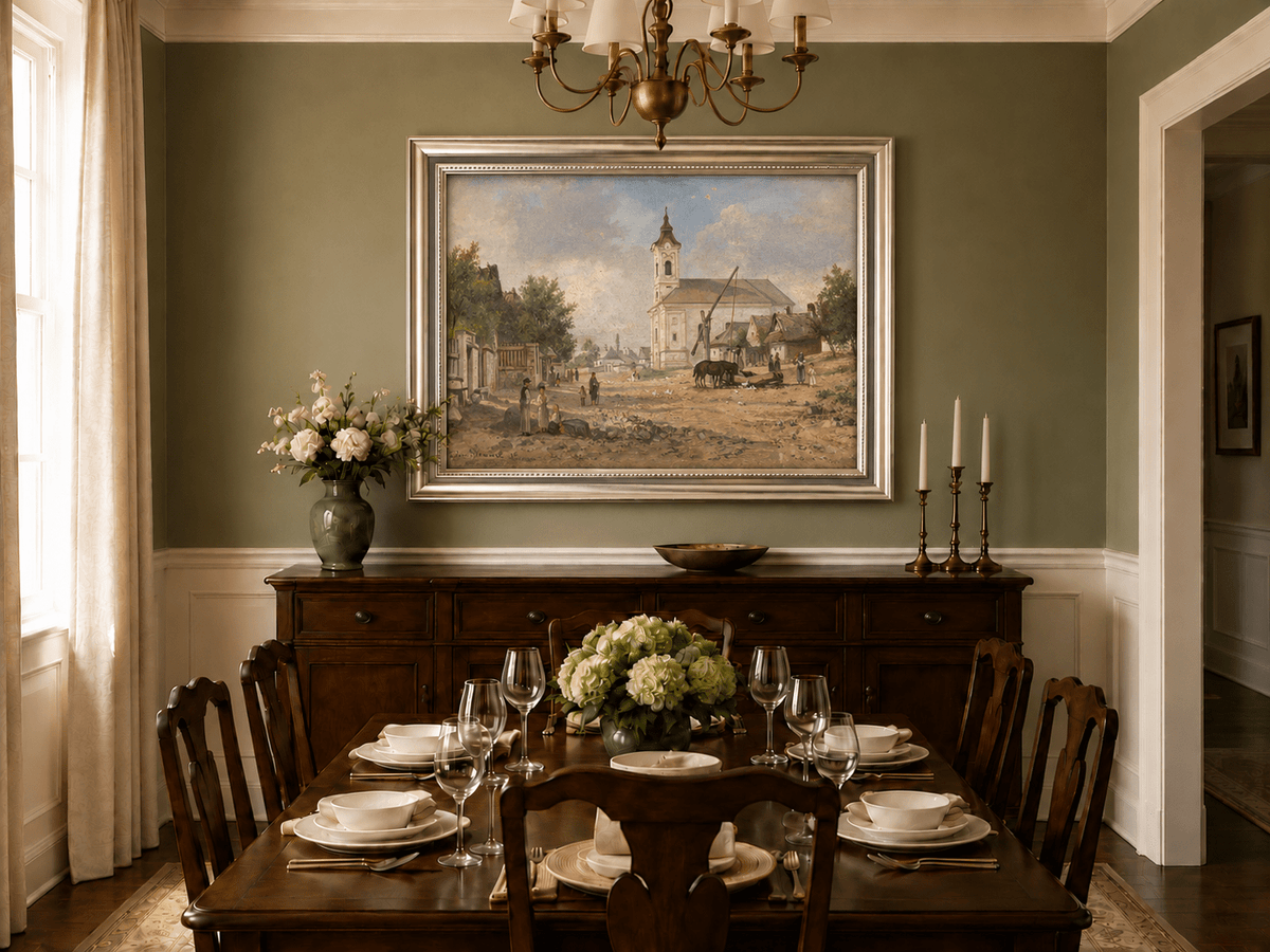 Pintura al óleo de paisaje - Plaza de pueblo rural
