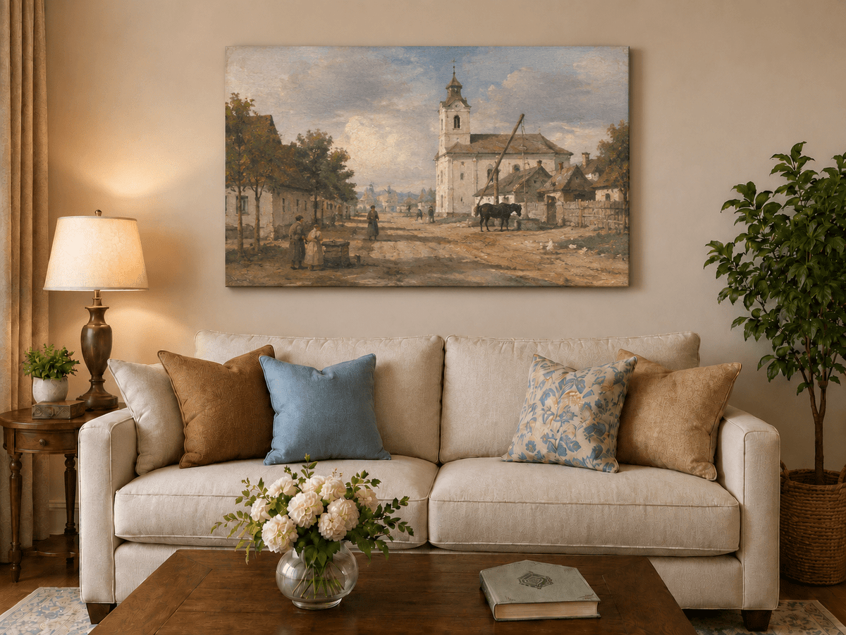 Pintura al óleo de paisaje - Plaza de pueblo rural