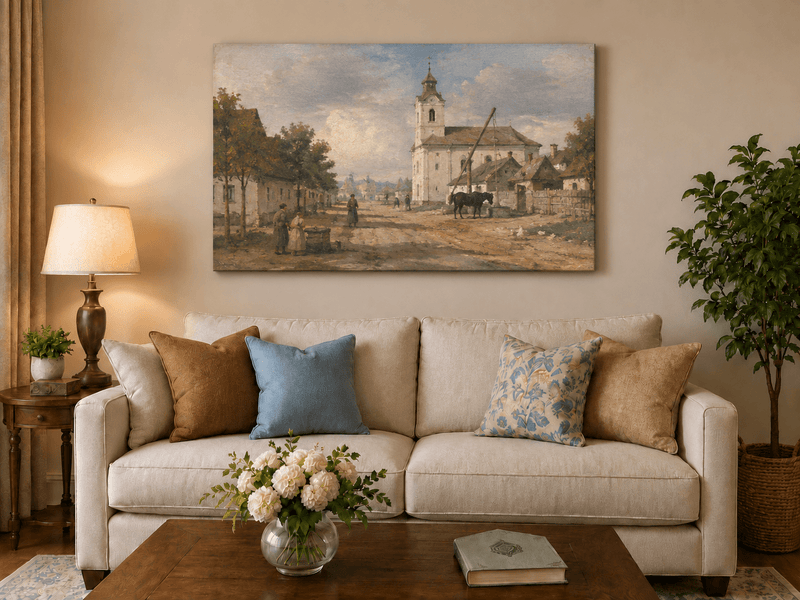 Pintura al óleo de paisaje - Plaza de pueblo rural