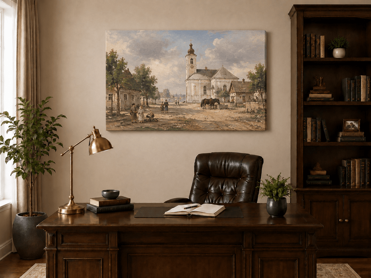Pintura al óleo de paisaje - Plaza de pueblo rural